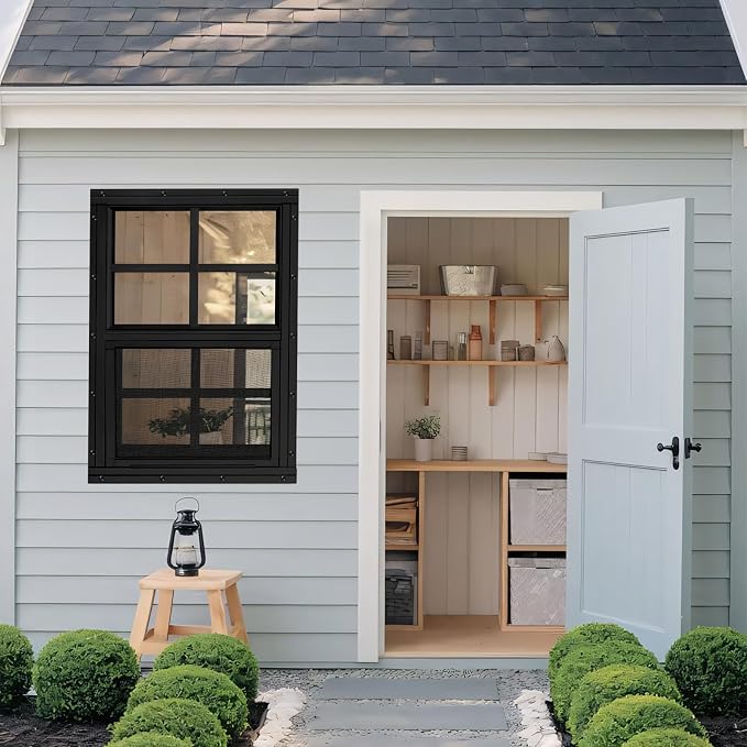 Shed Windows 2 Pack, Chicken Coop Windows 24" x 27" Black | Flush Mounted Small Windows with Tempered Glass and Fiberglass Screen for Shed, Barns, Playhouse, Household, Garage