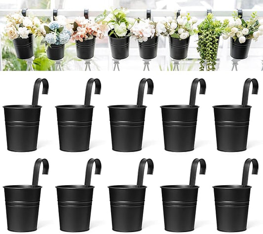 Dahey 10 Pcs 3.8 Inches Small Hanging Flower Pots Metal Iron Bucket Planter for Railing Fence Balcony Garden Home Decoration Flower Holders with Detachable Hooks, Black