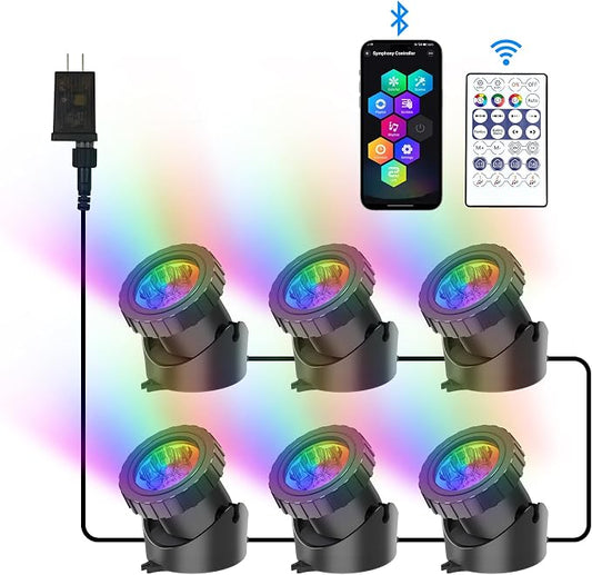 RGB Underwater Pond Lights, Super Bright LED Submersible Fountain Lights Colored Landscape Spotlights, Bluetooth APP Control IP68 Waterproof for Fish Aquarium Tank Garden Yard Pool (Set of 6)