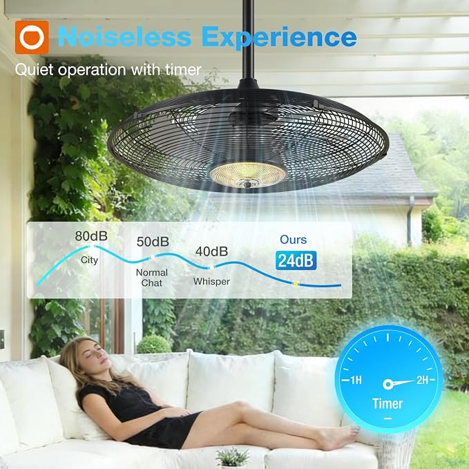 addlon Outdoor Ceiling Fan with Light for Patios, 24 inch Black Waterproof Gazebo Fan with Remote&APP Control, Reversible, Dimmable, Plug in Hook Mount Portable Fan for Garage Pergola Porch Canopy