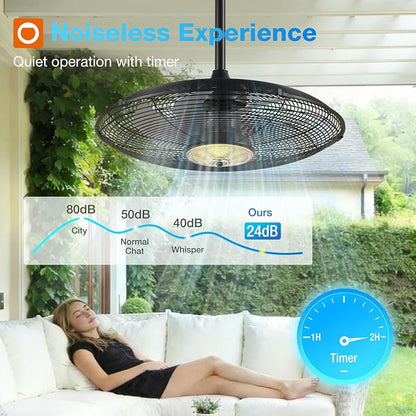 addlon Outdoor Ceiling Fan with Light for Patios, 24 inch Black Waterproof Gazebo Fan with Remote&APP Control, Reversible, Dimmable, Plug in Hook Mount Portable Fan for Garage Pergola Porch Canopy
