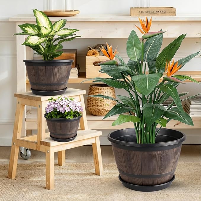 Myfeegoin 16-inch-Large-Pots-for-Plant-Outdoor, 4 Pack Plastic Whiskey Barrel Planters Plant Pots with Drainage Hole & Saucer, Decorative Indoor Flower Pot for House Garden Porch