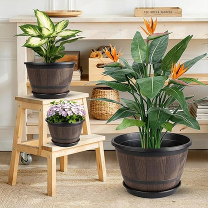 Myfeegoin 16-inch-Large-Pots-for-Plant-Outdoor, 4 Pack Plastic Whiskey Barrel Planters Plant Pots with Drainage Hole & Saucer, Decorative Indoor Flower Pot for House Garden Porch