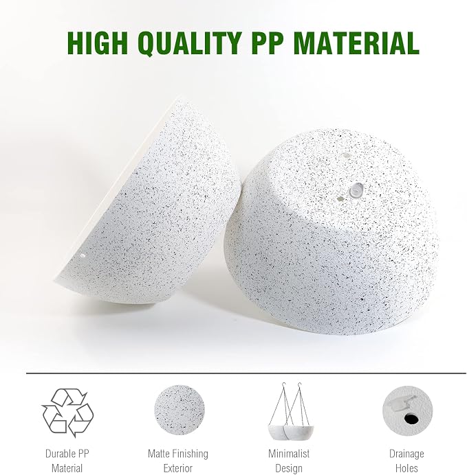 WSMKSZ 13 inch Large Hanging Planters Plant Pots for Outdoor Indoor Plants with Drainage Holes and Chain, 2 Pack Round Hanging Flower Pots for Garden Home Porch Decor, Speckled White