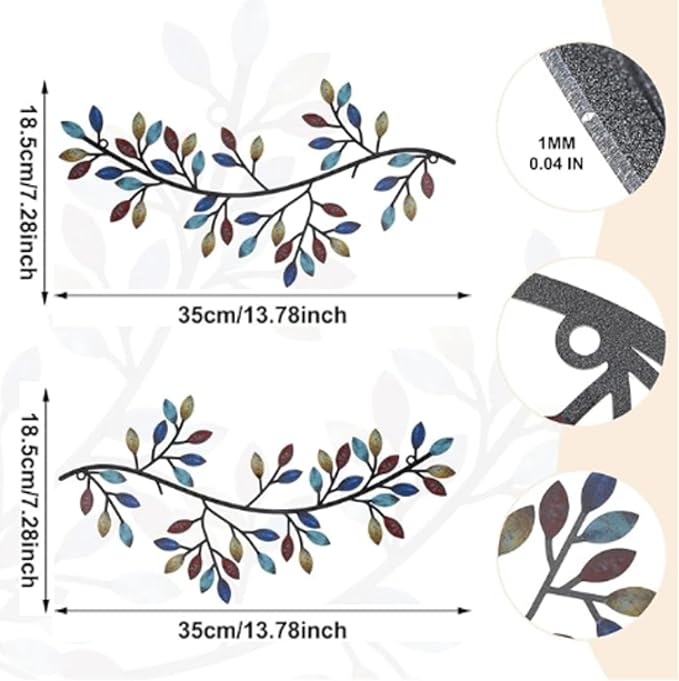Hotop 2 Pieces Metal Tree Leaf Wall Decor Vine Olive Branch Leaf Wall Art Wrought Iron Scroll Sculptures Above the Bed, Living Room, Outdoor Decoration(Classic Style,Bright Color)