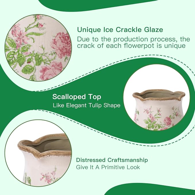Ceramic-Planters-for-Indoor-Plants with Saucer, 6 inch Vintage Ice Crack Glaze Plant Pots with Drainage Holes, Decorative Flower Pots for Outdoor Garden Home Decor, Tuscan Pot for Plant