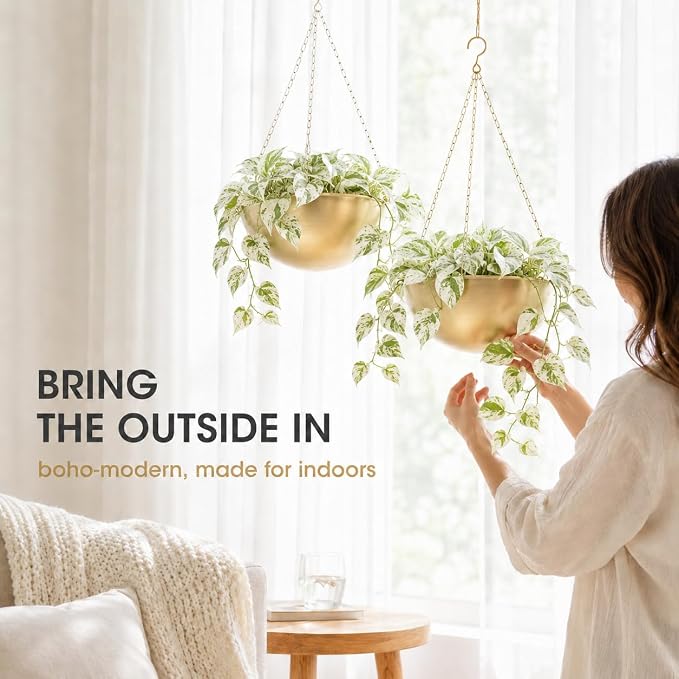 AceList Gold Hanging Planter for Indoor Plants, Set of 2-9.8 Inch Boho Metal Plant Hanger with Hooks & Chain, Brass Finish Hanging Plant Holder for Window, Ceiling & Living Room Decor