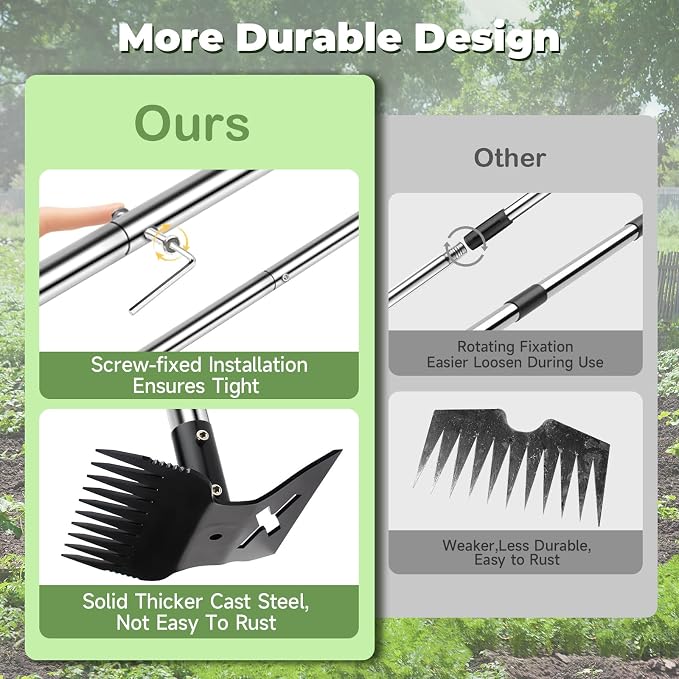 2.0 Weed Puller Tool with Long Handle, 56" Heavy Duty Garden Hoe & 10 Teeth Weed Rake, 2 in 1 Manual Hand Gardening Weeder, Upgraded Weeding Remover Tools for Garden, Yard, Patio, Lawn