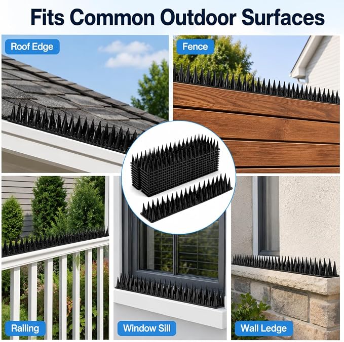 Bird Spikes for Outside, 20 Pack 20 FT Plastic Pigeon Deterrent Spikes, Dense Anti-Climb Strips for Squirrels, Raccoons & Cats, Cuttable Fence Spikes for Roof, Railing, Window Sill(Black)