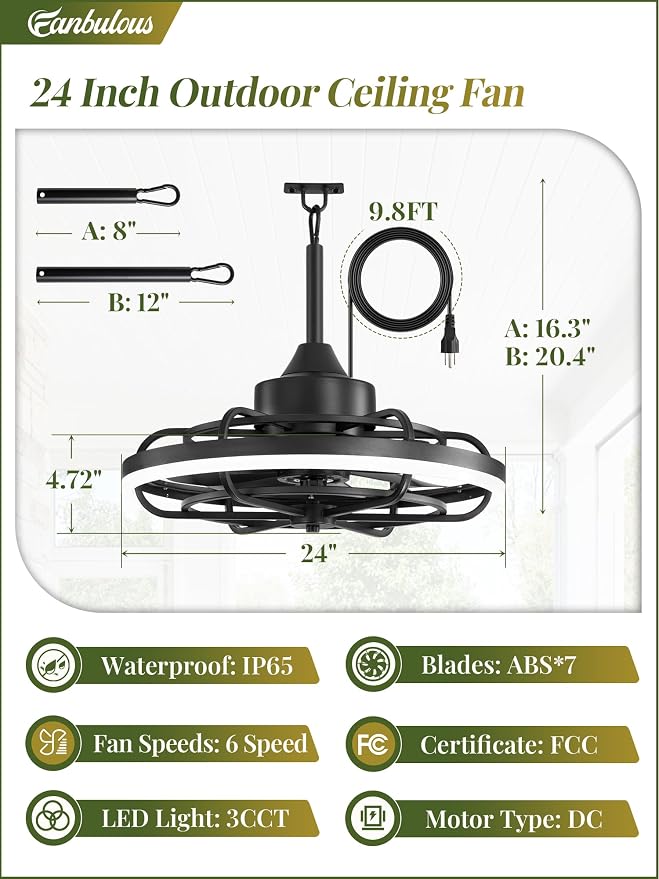 Fanbulous Outdoor Ceiling Fans with Light for Patios, 24" Weatherproof Plug in Ceiling Fan, Gazebo Fan Remote&APP Control, 3CCT Dimmable,Caged Ceiling Fan with Hanging Hook for Porch, Pergola,Canopy