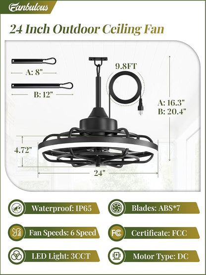 Fanbulous Outdoor Ceiling Fans with Light for Patios, 24" Weatherproof Plug in Ceiling Fan, Gazebo Fan Remote&APP Control, 3CCT Dimmable,Caged Ceiling Fan with Hanging Hook for Porch, Pergola,Canopy
