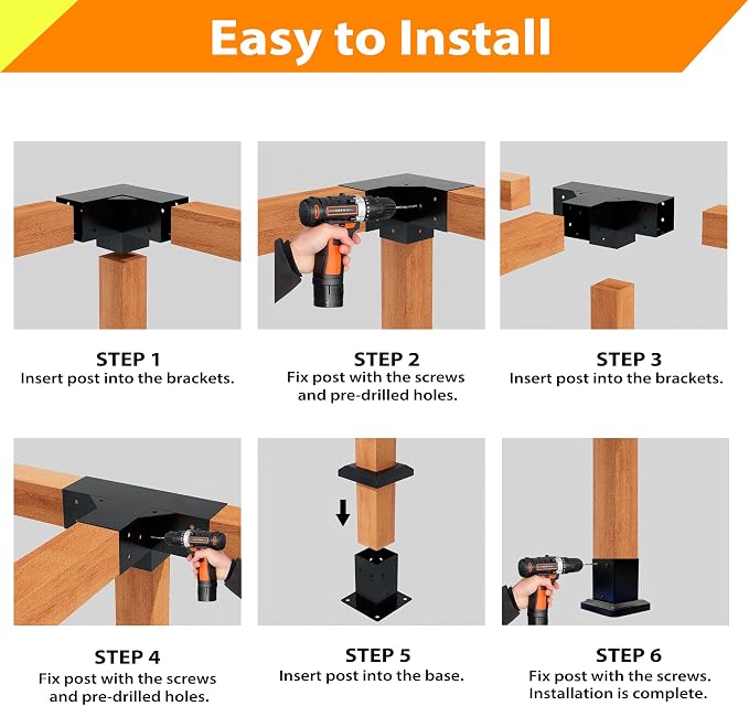 Pergola Kit with 3-Way Brackets & 4-Way Corner Brackets for 4"x 4" (Actual 3.6" X 3.6") Lumber, Heavy Duty Iron Gazebo Bracket Kits Suitable for Pergolas, Gazebos Includes Metal Base, Screws