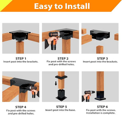 Pergola Kit with 3-Way Brackets & 4-Way Corner Brackets for 4"x 4" (Actual 3.6" X 3.6") Lumber, Heavy Duty Iron Gazebo Bracket Kits Suitable for Pergolas, Gazebos Includes Metal Base, Screws
