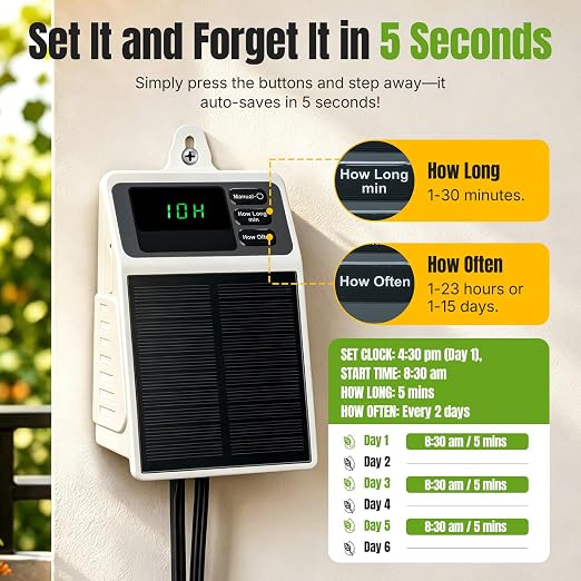 Mcbazel Solar Automatic Drip Irrigation Kit, USB-C & Solar-Powered Plant Waterer for 10 Potted Plants, Auto Watering System with Timer & Anti-Siphon, IPX5 Waterproof for Indoor Outdoor Vacation