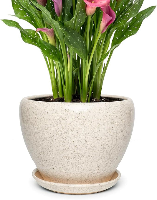 9.5 Inch Ceramic Plant Pot with Drainage Hole Mesh Net,Modern Gardening Pots for Indoor Plants with Saucer, Silk White