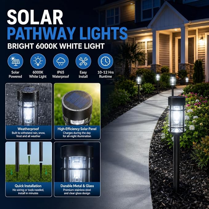 ILANCK 8 Pack Solar Lights Outdoor Parhway, Metal & Glass 21" Large Solar Pathway Lights, Solar Powered Garden Lights for Yard, Landscape, Driveway Walkway