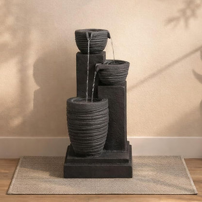 Teamson Home Horizontal Ribbed Pattern Outdoor Water Fountain, Warm Gray | Warm Glow Lighting, Adjustable Flow, Electric Pump