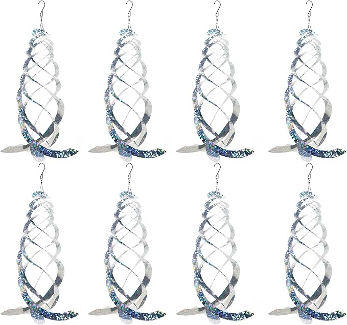 OFFO Bird Reflectors, 14.8 inch Double-Sided Reflective Bird Scare Devices with Stainless Steel Hook, Spiral Reflectors Outdoor Garden Decor for Tree Patio Farm Orchard Porch Pool, 8 PCS