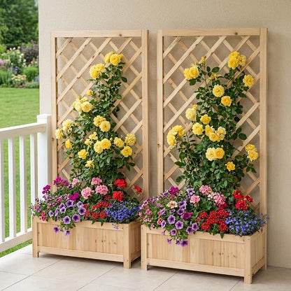 Wooden Raised Garden Bed with Trellis, 47" Outdoor Planter Box for Climbing Plants, Vertical Natural Wood Garden Planter for Vegetables, Flowers & Vines, Lattice Plant Support for Patio Yard Balcony