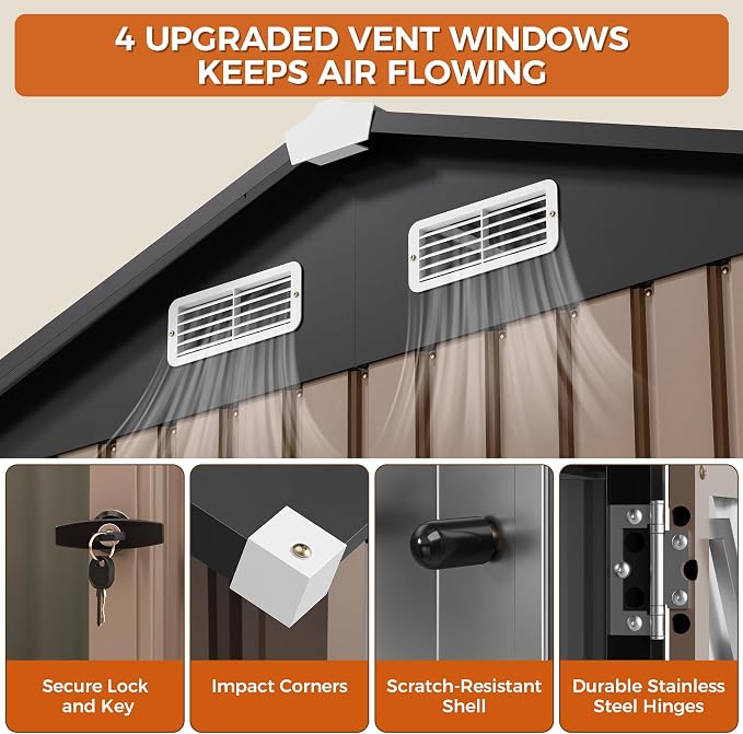 IRONCK 10x8.2 FT Outdoor Storage Shed with Clear Window, Tool Shed, Brown | Lockable Doors, Breathable Ventilation, 9.5x8 FT Base, Outdoor Shed For Generators/Bikes/Wheelbarrows