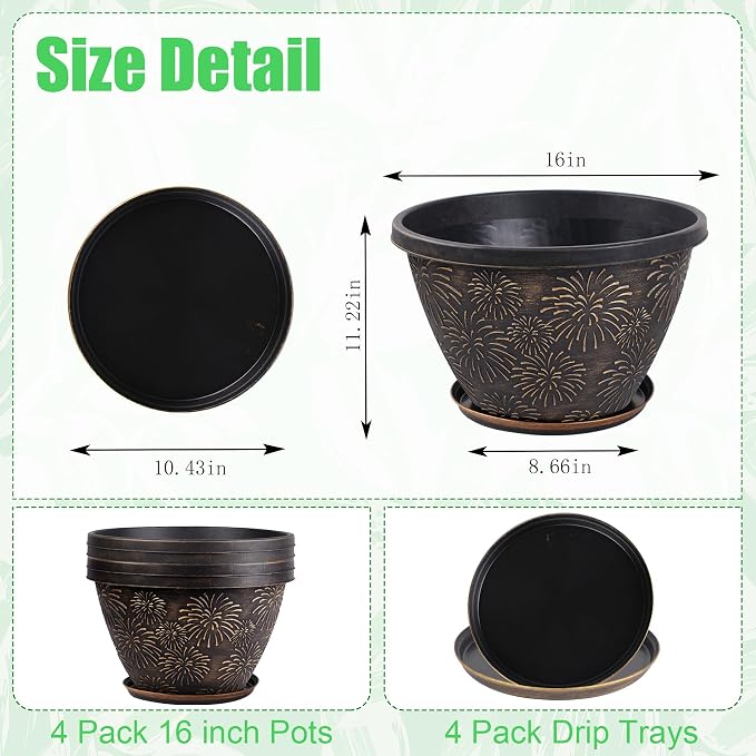 Nooulap 4 Pack 16 Inch Large Plant Pots with Drainage Holes and Saucers,Firework Embossed Plastic Planters, Flower Pots for Indoor Outdoor, Perfect for Large Plants, Trees, Patio and Home Decor