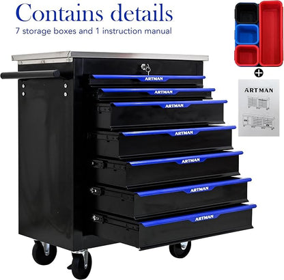 7-Drawer Rolling Tool Chest, Lockable Stainless Top for Garage, Black&Blue | Heavy Duty Modular Roll Around Tool Cabinet with Drawers for Workshop and Tool Box Storage
