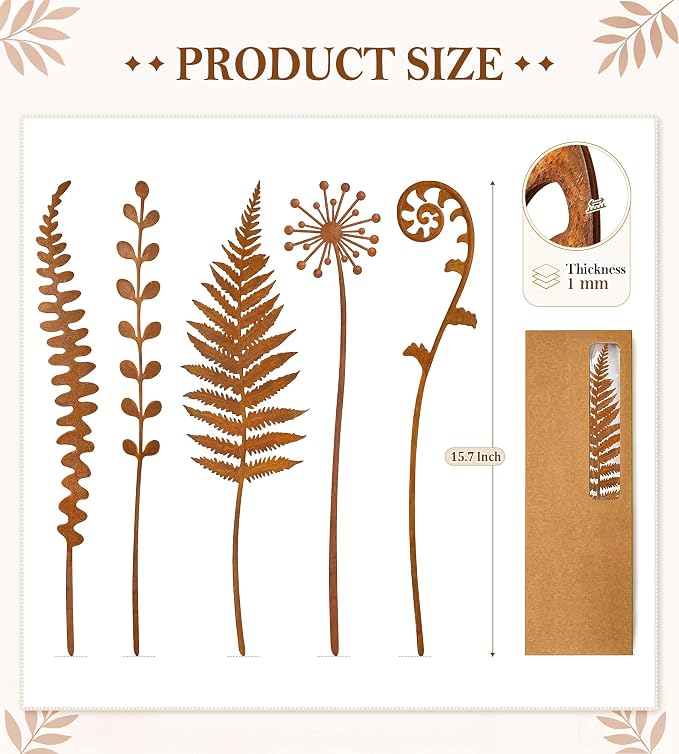 VIS'V Decorative Garden Stakes, Metal Fern Plant Yard Art Stakes, 5 Pcs | 15.7 In Length, Pre-rusted Finish, Rusty Art Decor for Outdoor Indoor