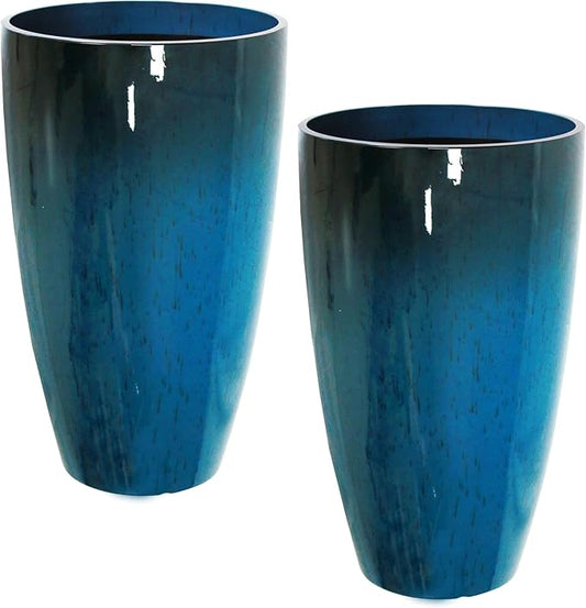 2 Packs 21 inch Tall Planter, Indoor Outdoor Round Planter for Porch, Large Plant Pot with Drainage Hole for Home Garden Front Door, Modern Decorative Pots for Plants (Blue)