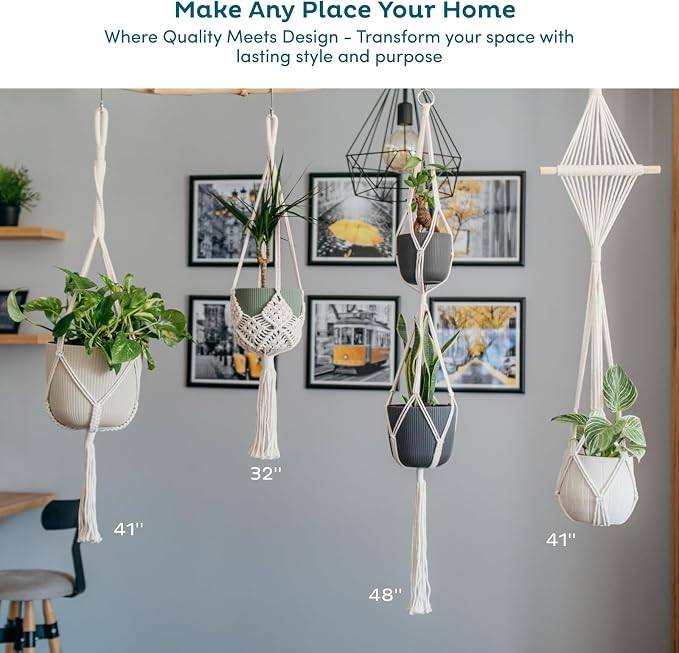 Nook Theory 4-Pack Macrame Plant Hangers with 8 Hooks - Hanging Planters for Indoor Plants, Boho Macrame Hangers Indoor Outdoor, Decorative Plant Hanger Indoor (Black)