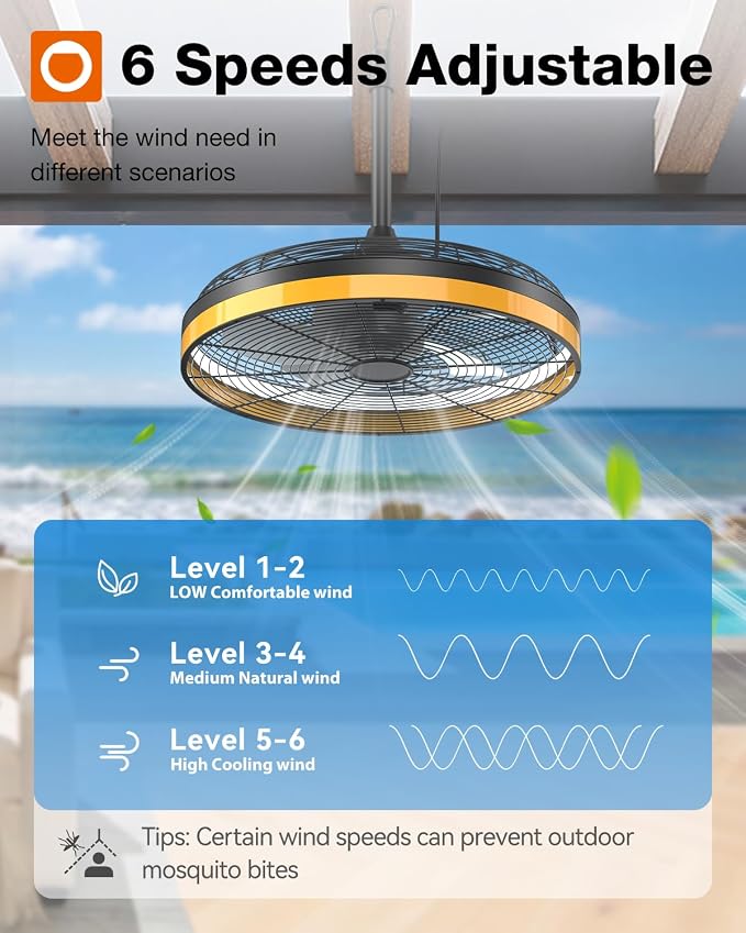 addlon Outdoor Ceiling Fan with Light for Patios, 20 inch Black Waterproof Gazebo Fan Remote&APP Control,6 Speeds 3CCT Dimmable,DC Motor, Plug in Ceiling Fan with Hook Hanging for Pergola Porch Canopy