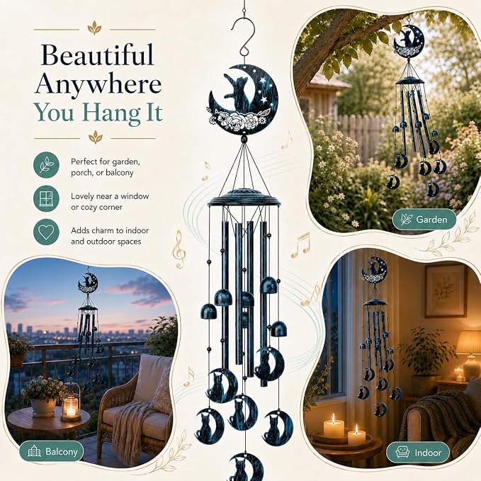 LESES Wind Chimes, Cat Memorial Wind Chime for Outside Cat Lover Gifts for Women Grandma, 35" Sympathy Wind Chimes Outdoor Clearance Home Garden Decoration Windchimes for Yard, Patio