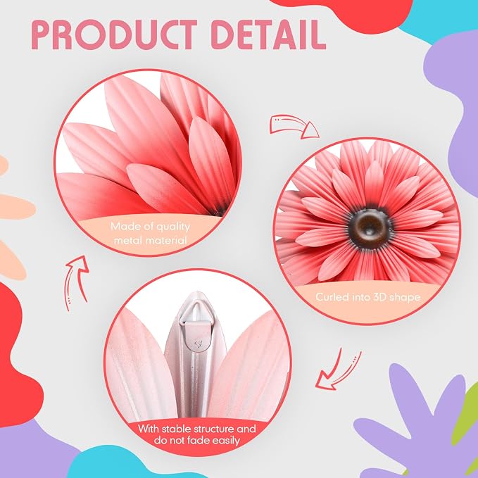 Zhehao 6 Pcs Metal Flower Wall Art Decor 8 Inch Sunflower Wall Decorations Hanging Outdoor Art Multicolored Handmade Metal Flowers Outdoor Decor (Morandi Color)