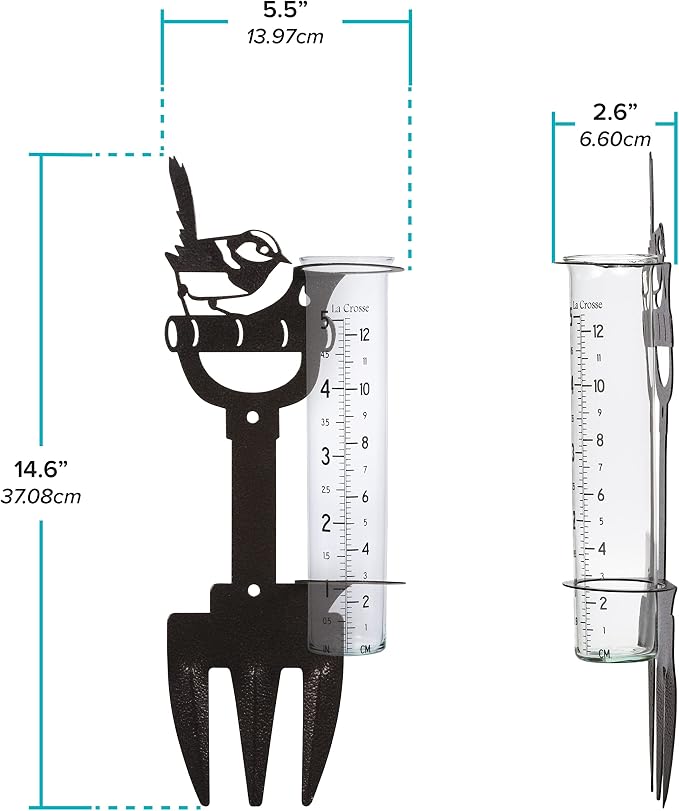 La Crosse 704-98937-INT Bird and Shovel Metal Garden Rain Gauge with 5" Glass Tube