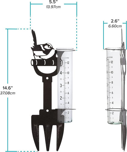 La Crosse 704-98937-INT Bird and Shovel Metal Garden Rain Gauge with 5" Glass Tube