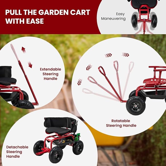 ERGOMASTER Rolling Garden Seat with Wheels, Adjustable 360° Swivel Workseat and Storage Basket, Extendable Handle, Outdoor Gardening Wagon Scooter, Red
