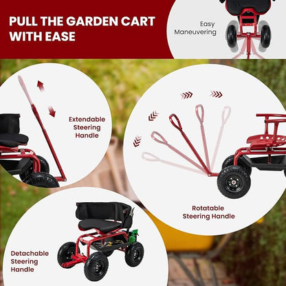 ERGOMASTER Rolling Garden Seat with Wheels, Adjustable 360° Swivel Workseat and Storage Basket, Extendable Handle, Outdoor Gardening Wagon Scooter, Red
