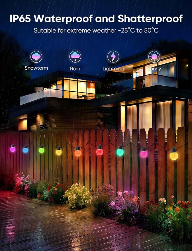 APPECK RGBW Outdoor String Lights 50ft for Patio, with 25 LED Bulbs | IP65 Waterproof, 111 Scene Modes, Dimmable Warm White, Individual Control, Music Sync, Compatible with Alexa & Google