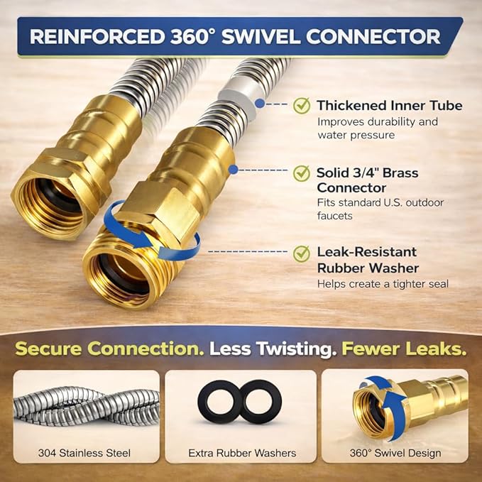Short Metal Garden Hose 3 ft – 304 Stainless Steel Water Hose Leader, Flexible Hose Extension, Small Lightweight Hose Extender,No Kink Outdoor Hose (3 ft)