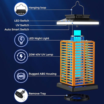 Bug Zapper Outdoor, Mosquito Zapper 2 in 1 Portable & Rechargeable Bug Zapper Outdoor with 5000mAh Battery & LED Night Light, 4000V Electric Fly Zapper for Outside,Patio,Backyard,Garden Yellow