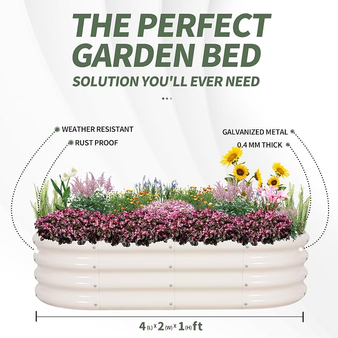Galvanized Raised Garden Bed- Planter Garden Boxes Outdoor, Raised Beds for Gardening, 4x2x1ft Metal Garden Bed Kit for Vegetables Flower, Planter Raised Bed with Protective Tape & Tools.White-4pack