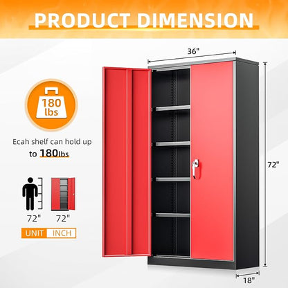 INTERGREAT Metal Storage Cabinet with Doors, 72" Locking Steel Storage Cabinet with Shelves, Tall Metal Cabinet Lockable Steel Cabinets for Home Office, Garage,(Black+Red)