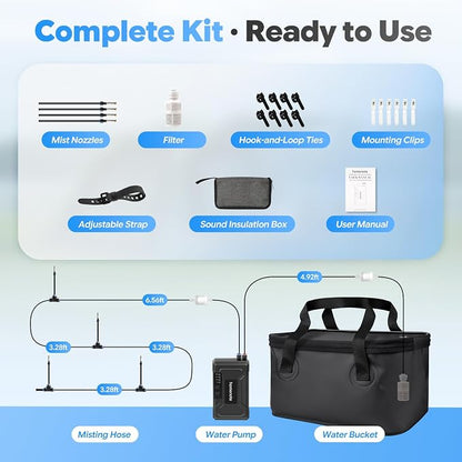 homenote Portable Misting System – 12,000mAh Pump, 20L Water Bucket, Misting Hose, 4 Brass Nozzles, Outdoor Cooling Misters for Canopy/Camping/Umbrella/Golf Cart/Dugout/Greenhouse