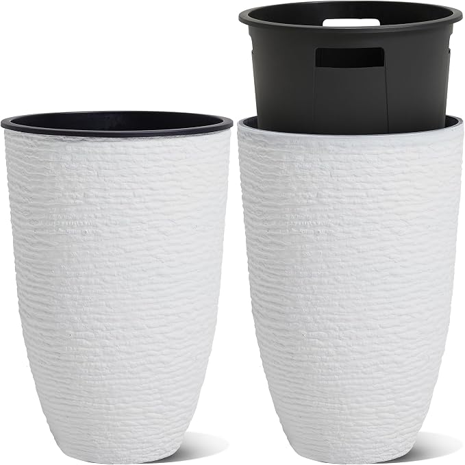 Worth Garden 2-Pack 21" H. White Tall Planters with Inside Pots - 14'' Dia Plastic Large Round Plant Tree Pots - Decorative Imitation Stone Finish for Indoor Outdoor Front Porch Container Patio