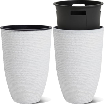 Worth Garden 2-Pack 21" H. White Tall Planters with Inside Pots - 14'' Dia Plastic Large Round Plant Tree Pots - Decorative Imitation Stone Finish for Indoor Outdoor Front Porch Container Patio