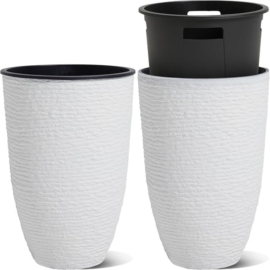 Worth Garden 2-Pack 21" H. White Tall Planters with Inside Pots - 14'' Dia Plastic Large Round Plant Tree Pots - Decorative Imitation Stone Finish for Indoor Outdoor Front Porch Container Patio