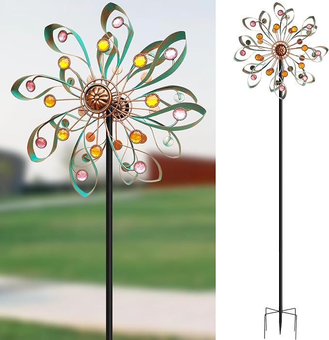 Large Metal Wind Spinners Outdoor, Double-Layer Yard Wind Spinner Outdoor with Stake, Kinetic Windmill for Yard and Garden, Lawn, Patio (60"× 14")
