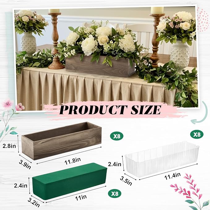 Dandat 8 Set Wood Boxes for Centerpieces 12x4 Inch Rectangle Wooden Planter Box Rustic Wooden Planters with Removable Plastic Liner Floral Foam Blocks for Christmas Wedding Home Garden Decor(Brown)