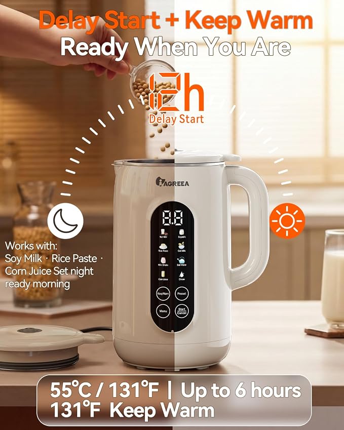 IAGREEA 10-in-1 Nut Milk Maker Machine 304 Stainless Steel Lid BPA Free, 35oz Soy Milk Maker for Homemade Milkshake, Almond, Oat, Plant-Based Drink, 10 Blades Blender with timer/Boil Water/Self Clean