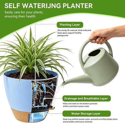 Ecolley 8/10/12 Inch Self Watering Pots for Indoor/Outdoor Plants - Large Plastic Planter with Drainage Holes, Water Level Indicator & Deep Reservoir, Modern Decorative Flower Pots (Light Blue) | Indoor/Outdoor Plants, Large Plastic Planter, Drainage H...