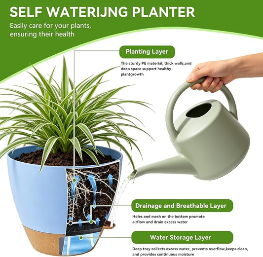 Ecolley 8/10/12 Inch Self Watering Pots for Indoor/Outdoor Plants - Large Plastic Planter with Drainage Holes, Water Level Indicator & Deep Reservoir, Modern Decorative Flower Pots (Light Blue) | Indoor/Outdoor Plants, Large Plastic Planter, Drainage H...